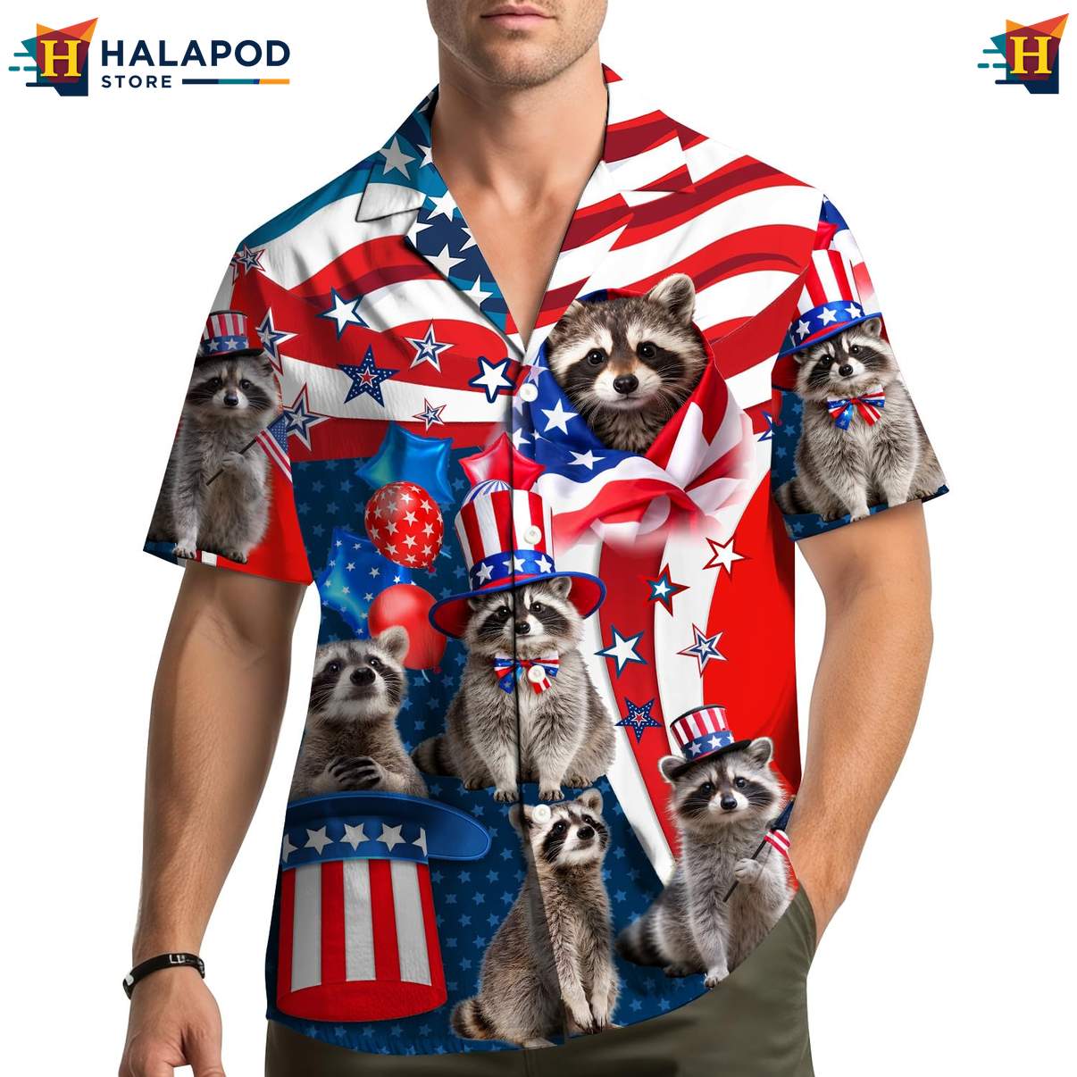 4th Of July Patriotic Raccoon Shirt USA Flag Hawaiian Button Down Apparel