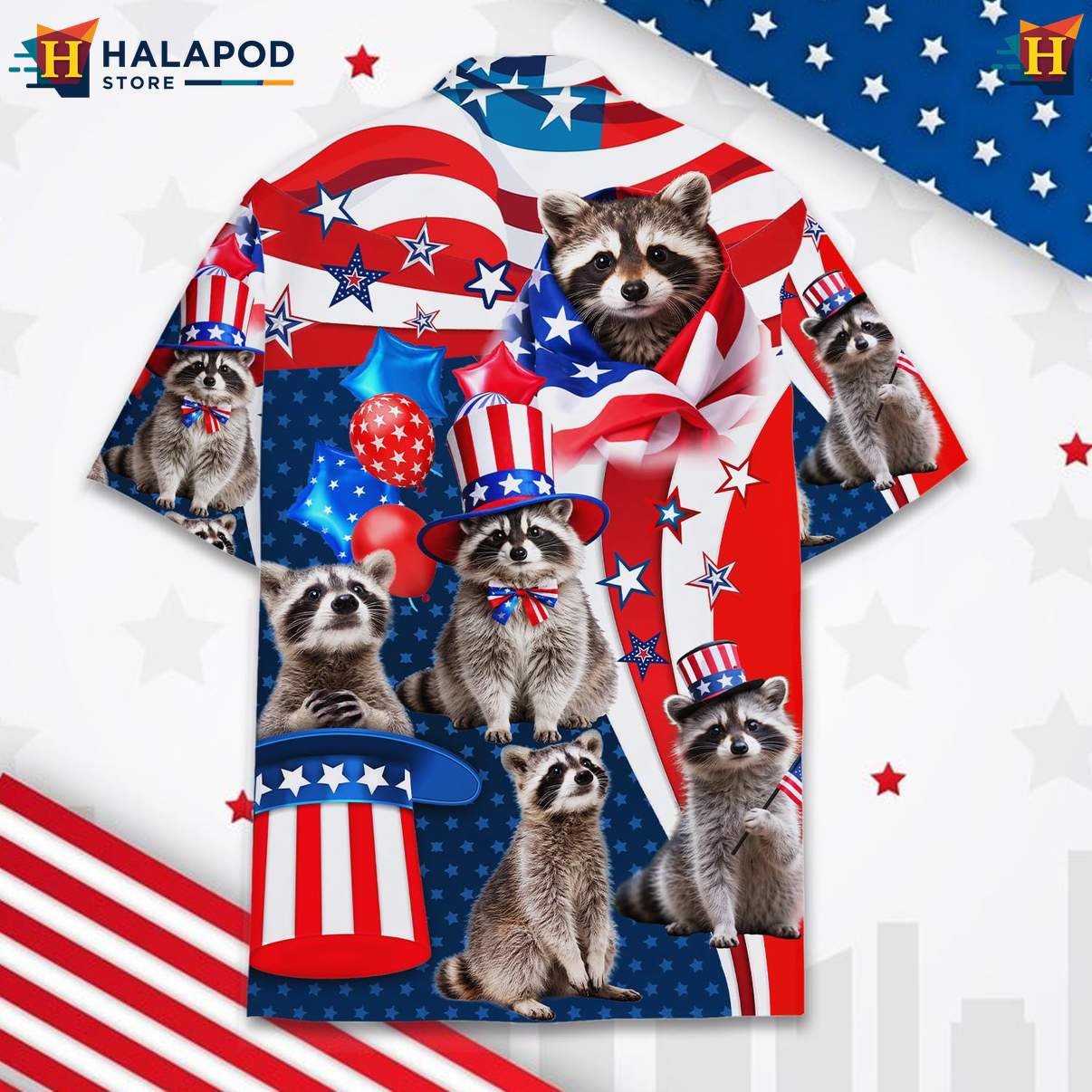 4th Of July Patriotic Raccoon T-Shirt USA Flag Hawaiian Button Down Apparel