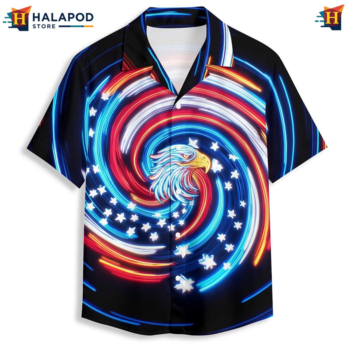 American Flag Neon Eagle Hawaiian Shirt Tropical Short Sleeve Beach Tops