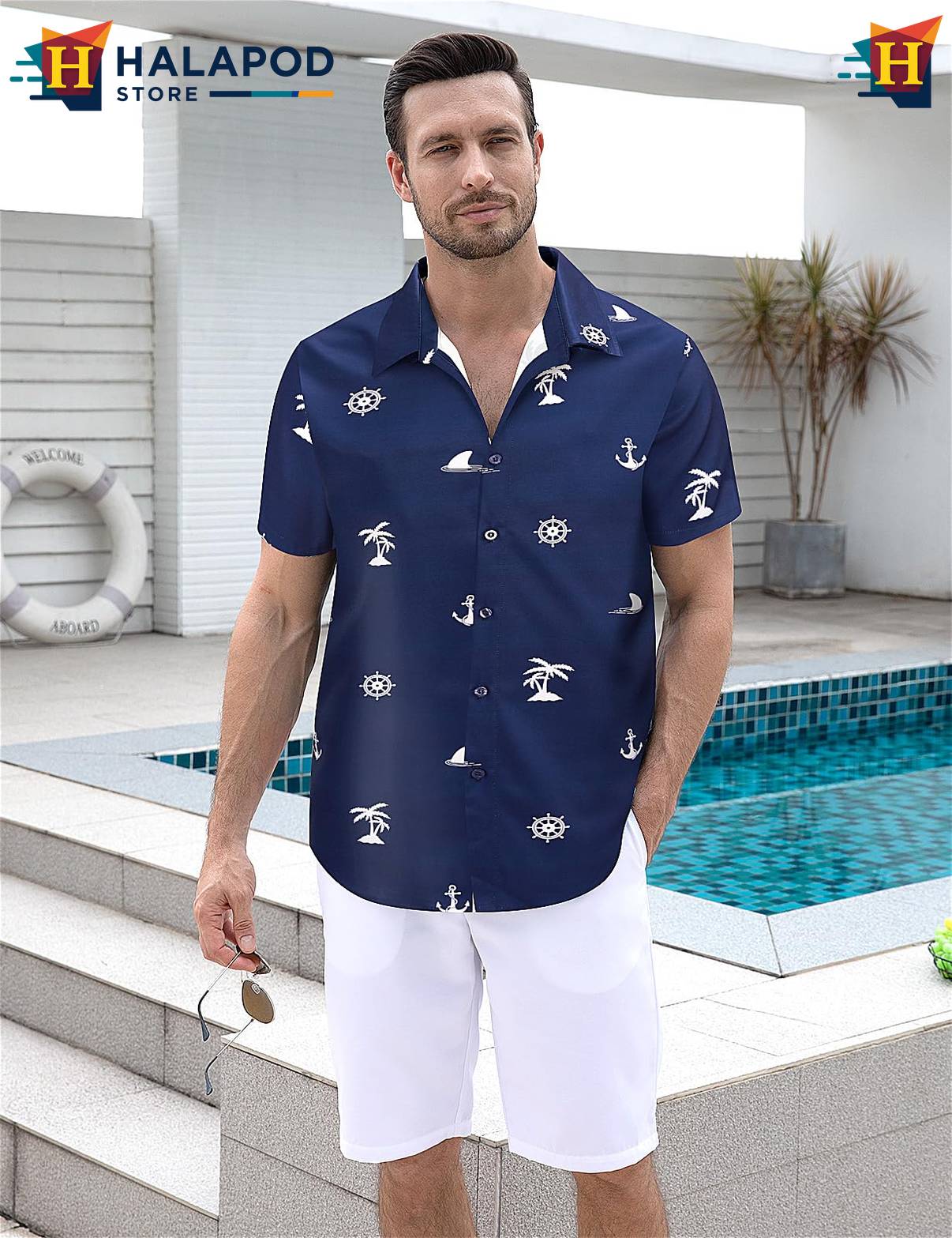 Anchor Navy Short-sleeve button-up shirt Mens Tropical Beach Button Down Short Sleeve