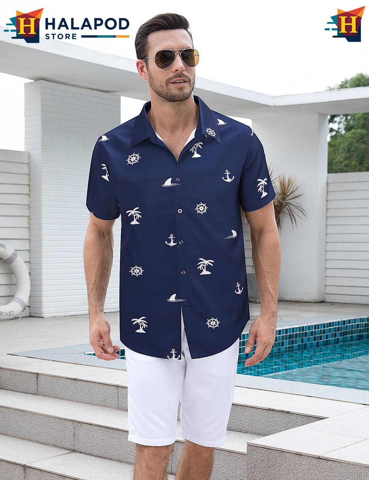 Anchor Navy Tropical Shirt Mens Tropical Beach Button Down Short Sleeve