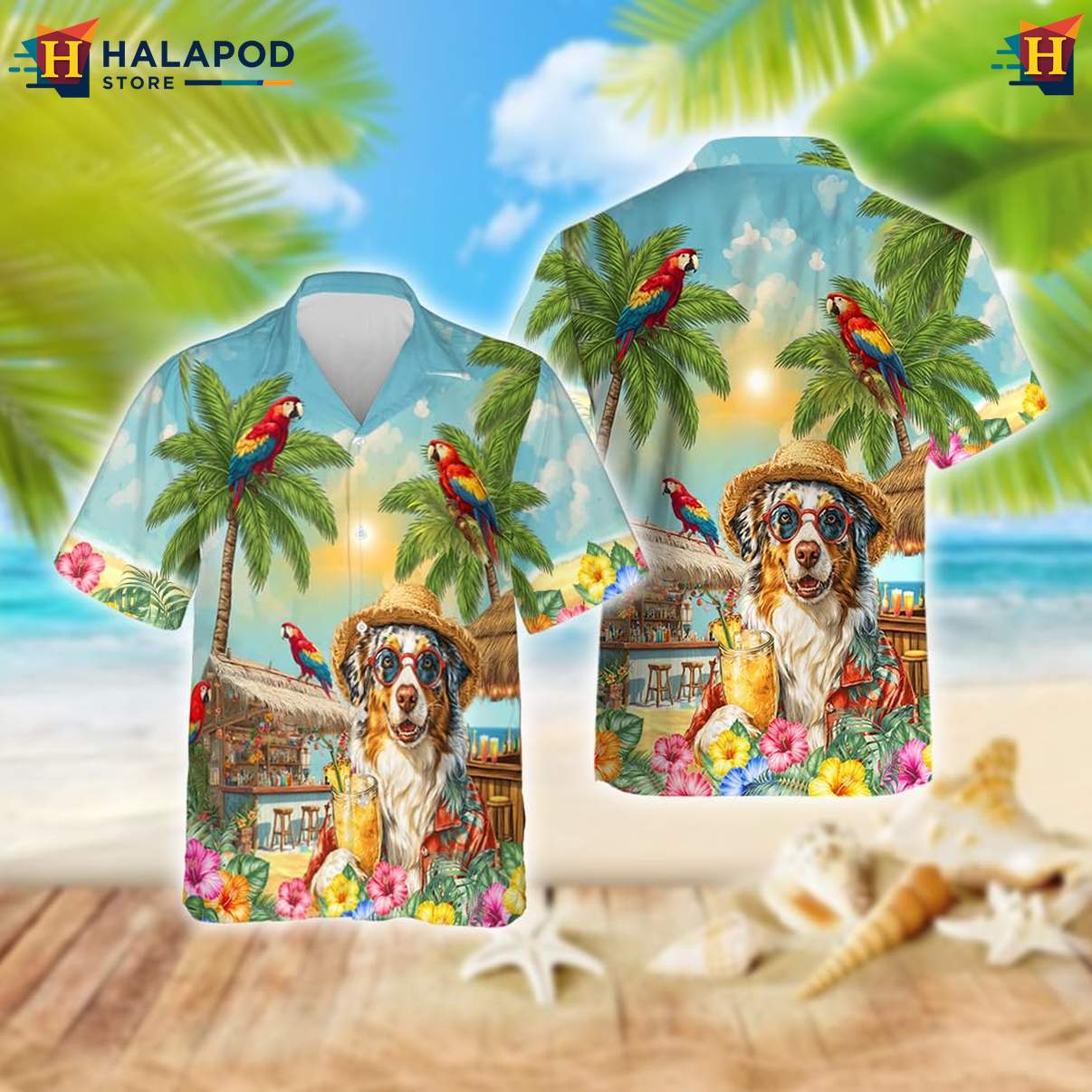 Australian Shepherd Dog Tropical Shirt Funny Mens Summer Beach Casual Outfit