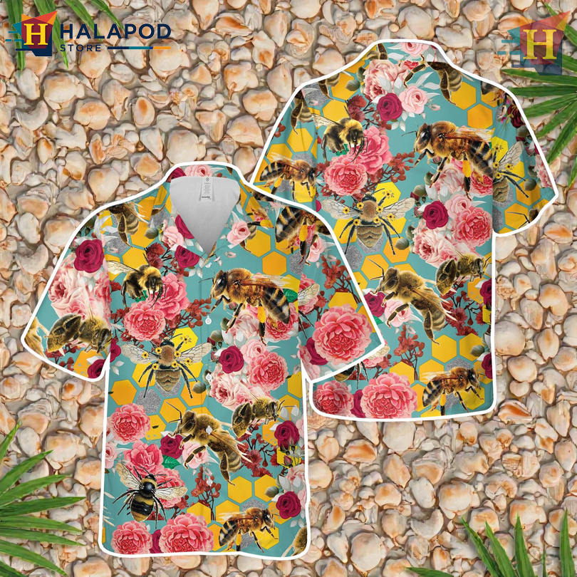Bee Flower Pattern Best Hawaiian Shirt with Bright Tropical Colors for Summer Days