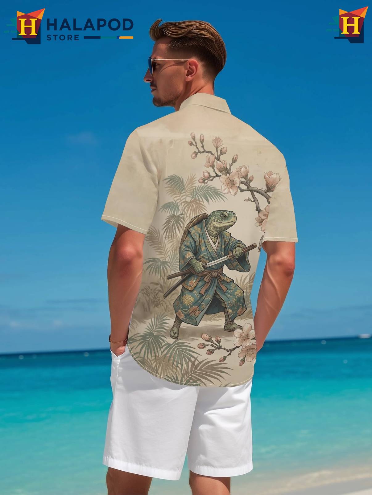 Beige Turtle Japanese Tropical Shirt Tropical Beach Short Sleeve Casual Mens