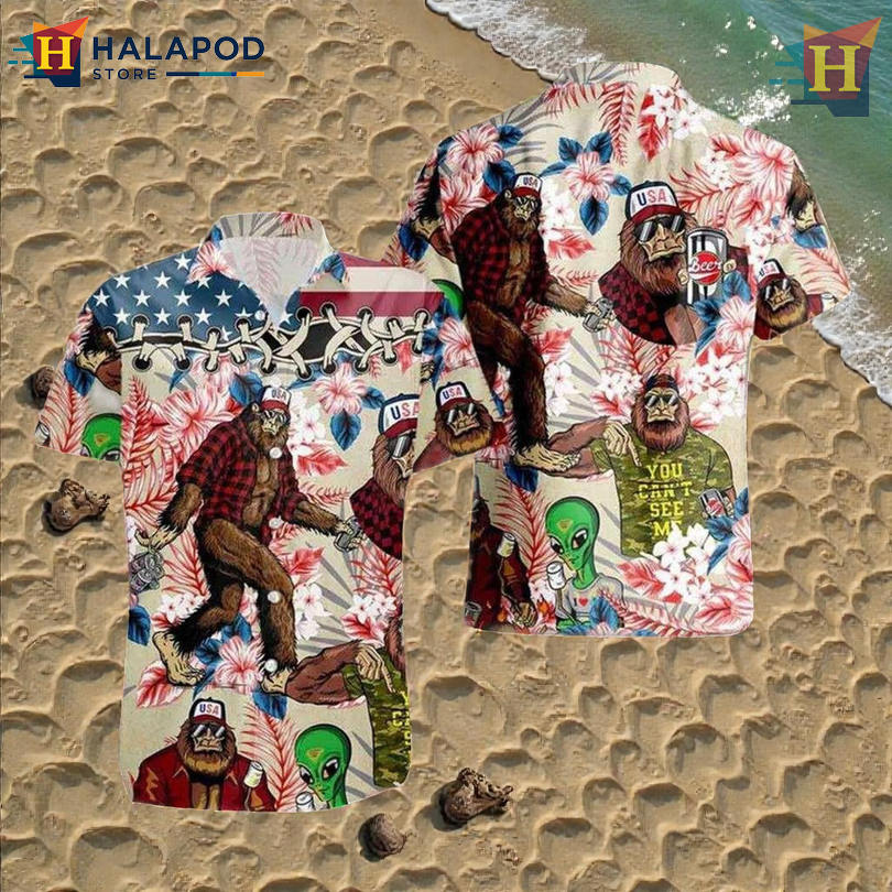 Bigfoot Alien Party Scene Matching Family Hawaiian Outfits for Fun Summer Trips