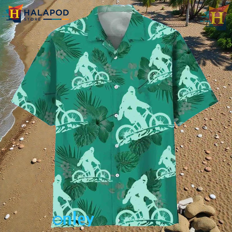 Bigfoot Mountain Bike Ride Vintage Aloha Shirts with Retro Adventure Artwork