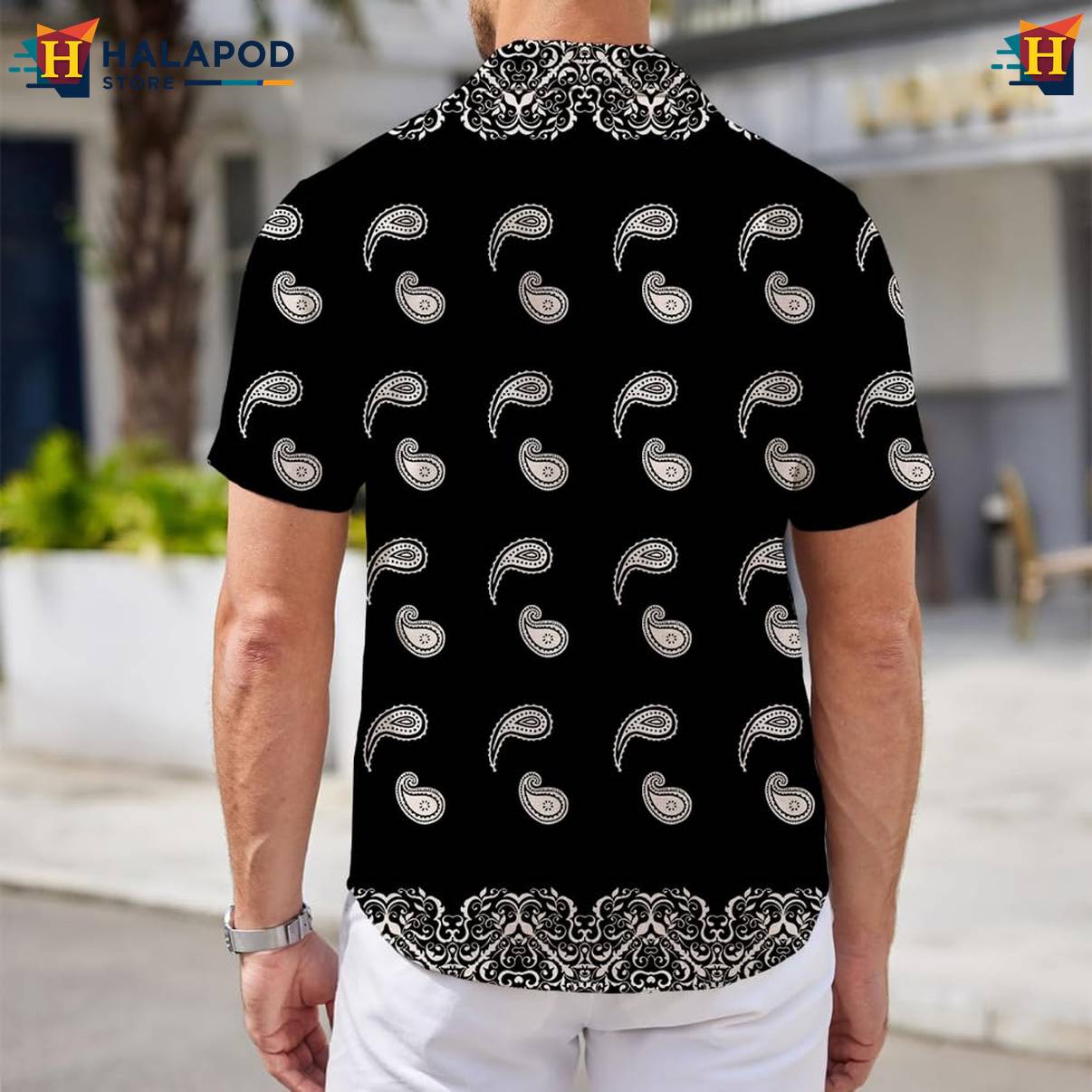 Black Cashew Pattern Aloha Shirt Mens Short Sleeve Floral Button Down