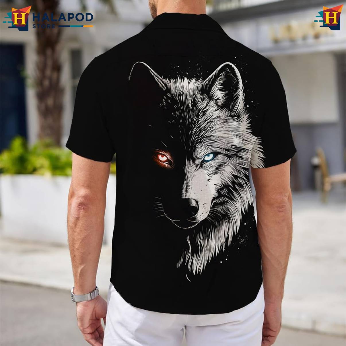 Black Cool Wolf Aloha Shirt Mens Short Sleeve Floral Button Down Mens