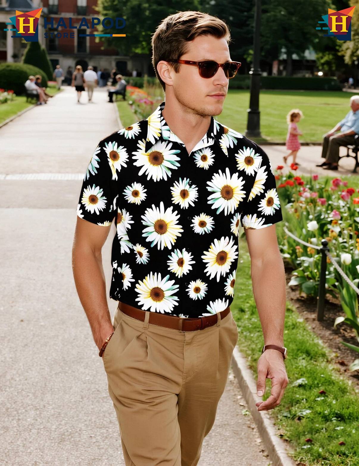 Black Daisy Tropical Short-sleeve button-up shirt Mens Beach Button Down Short Sleeve