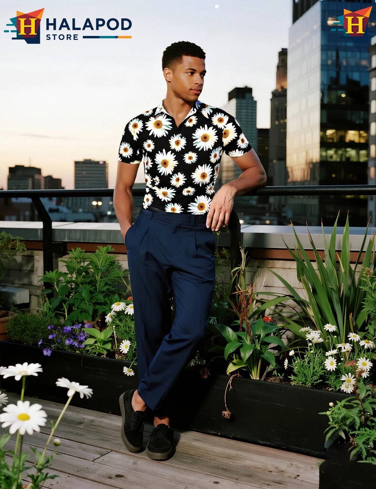 Black Daisy Tropical Short-sleeve button-up shirt Mens Beach Button Down Short Sleeve