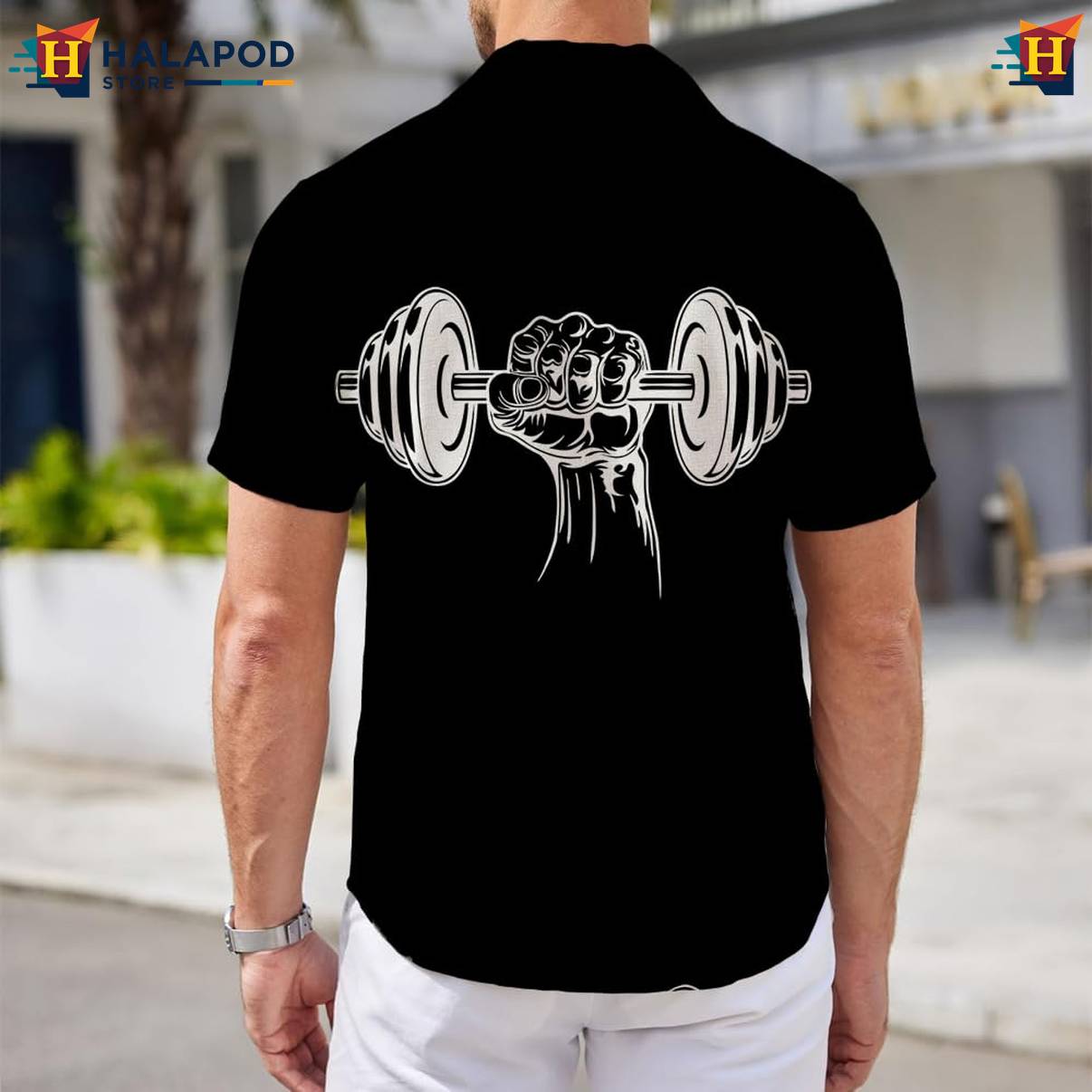 Black Dumbbell Print Aloha Shirt Mens Short Sleeve Floral Button Down