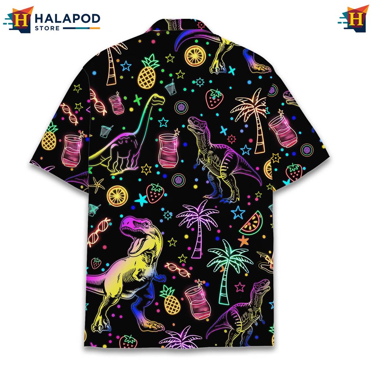 Black Neon Dinosaur Short-sleeve button-up shirt Funny Alien UFO Short Sleeve Button Down