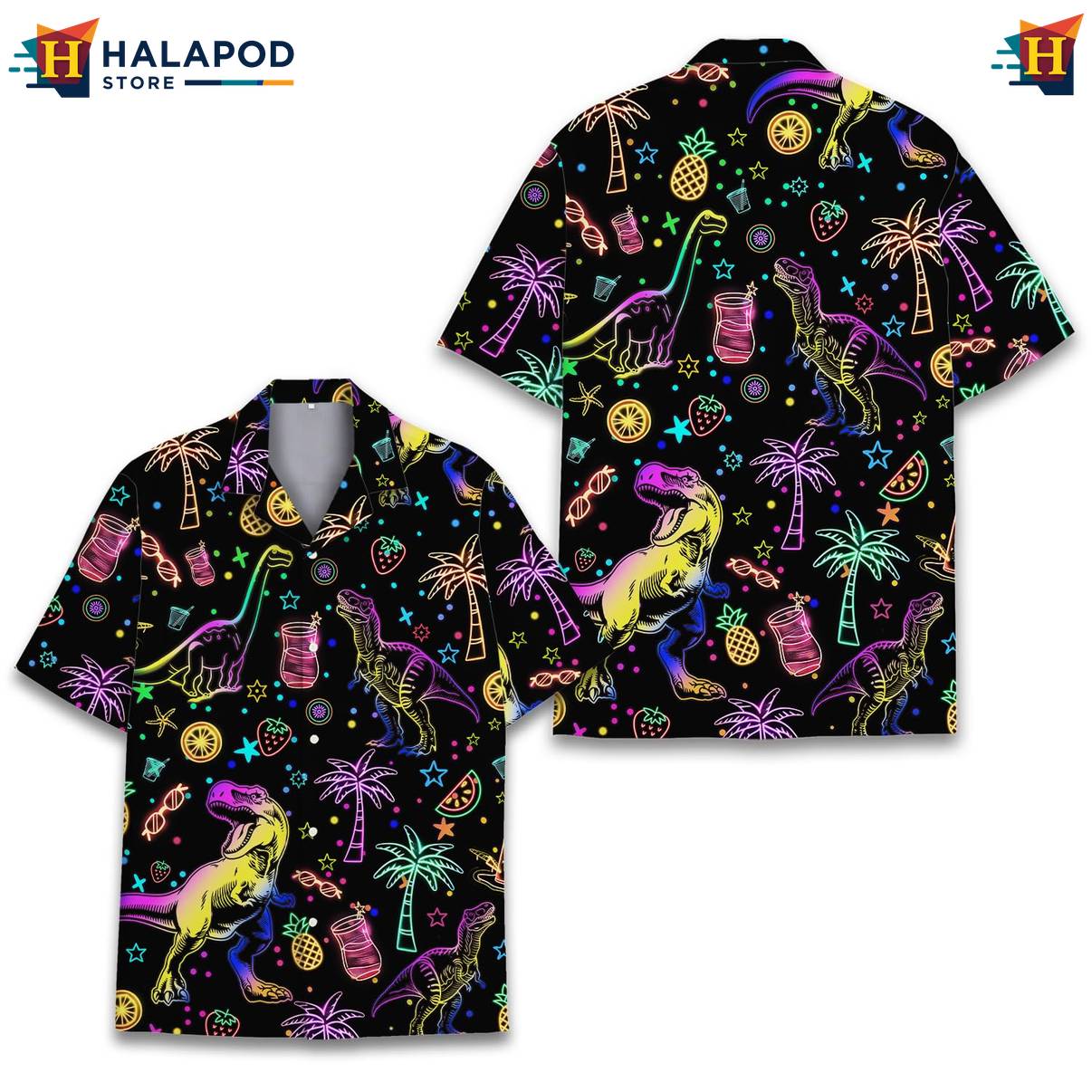 Black Neon Dinosaur Tropical Shirt Funny Alien UFO Short Sleeve Button Down