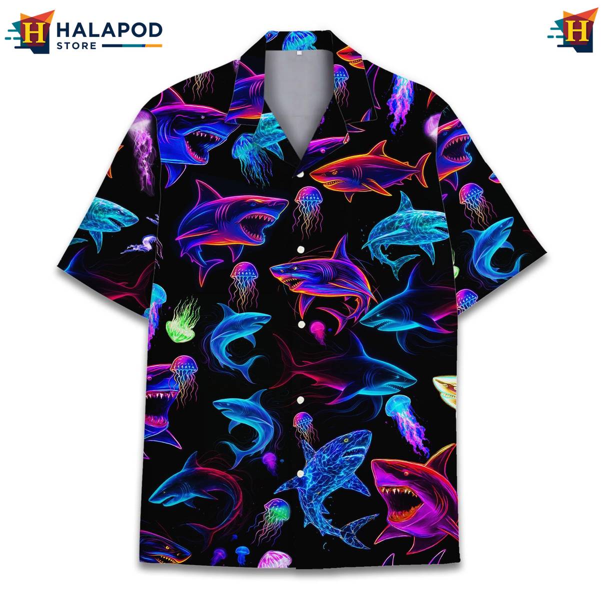 Black Neon Shark Hawaiian Shirt Funny Alien UFO Short Sleeve Button Down