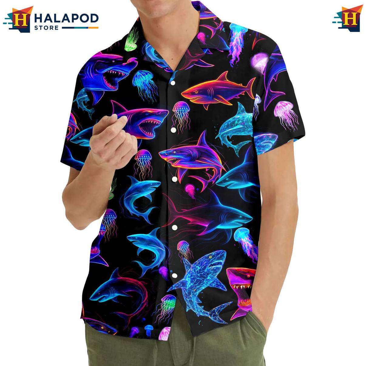 Black Neon Shark Aloha Shirt Funny Alien UFO Short Sleeve Button Down