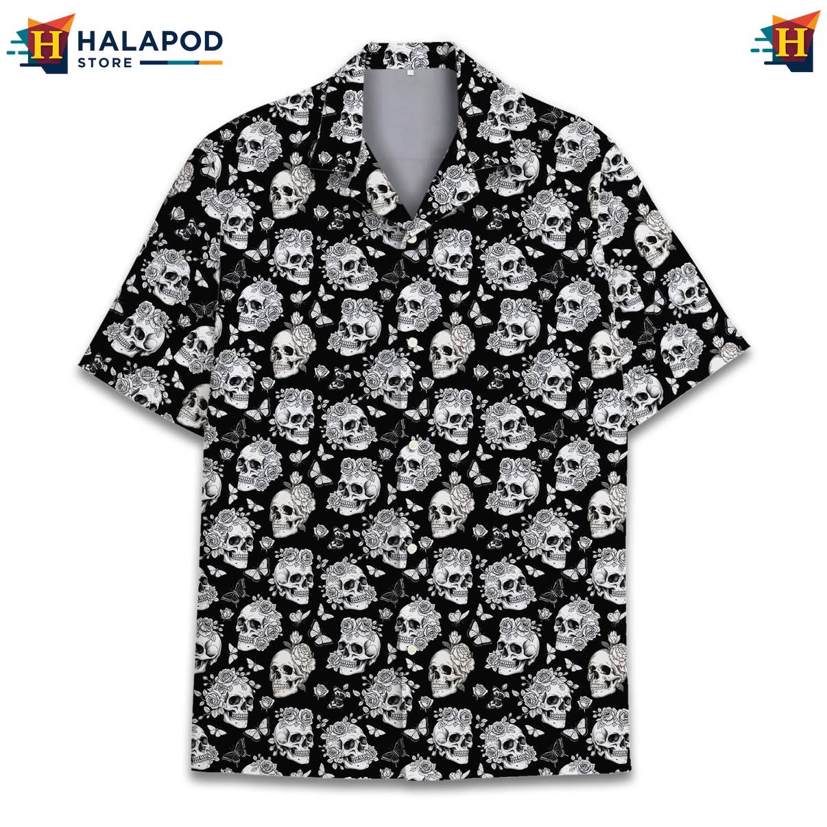 Black Skull Funny Hawaiian Shirt Alien UFO Short Sleeve Button Down Apparel