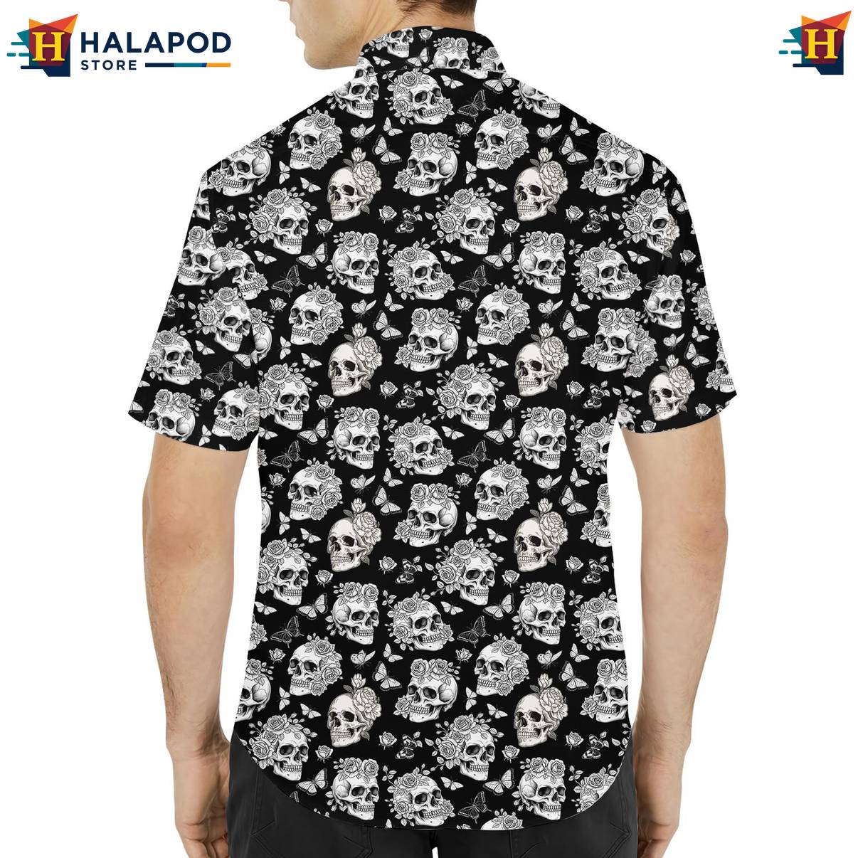 Black Skull Funny Short-sleeve button-up shirt Alien UFO Short Sleeve Button Down Apparel