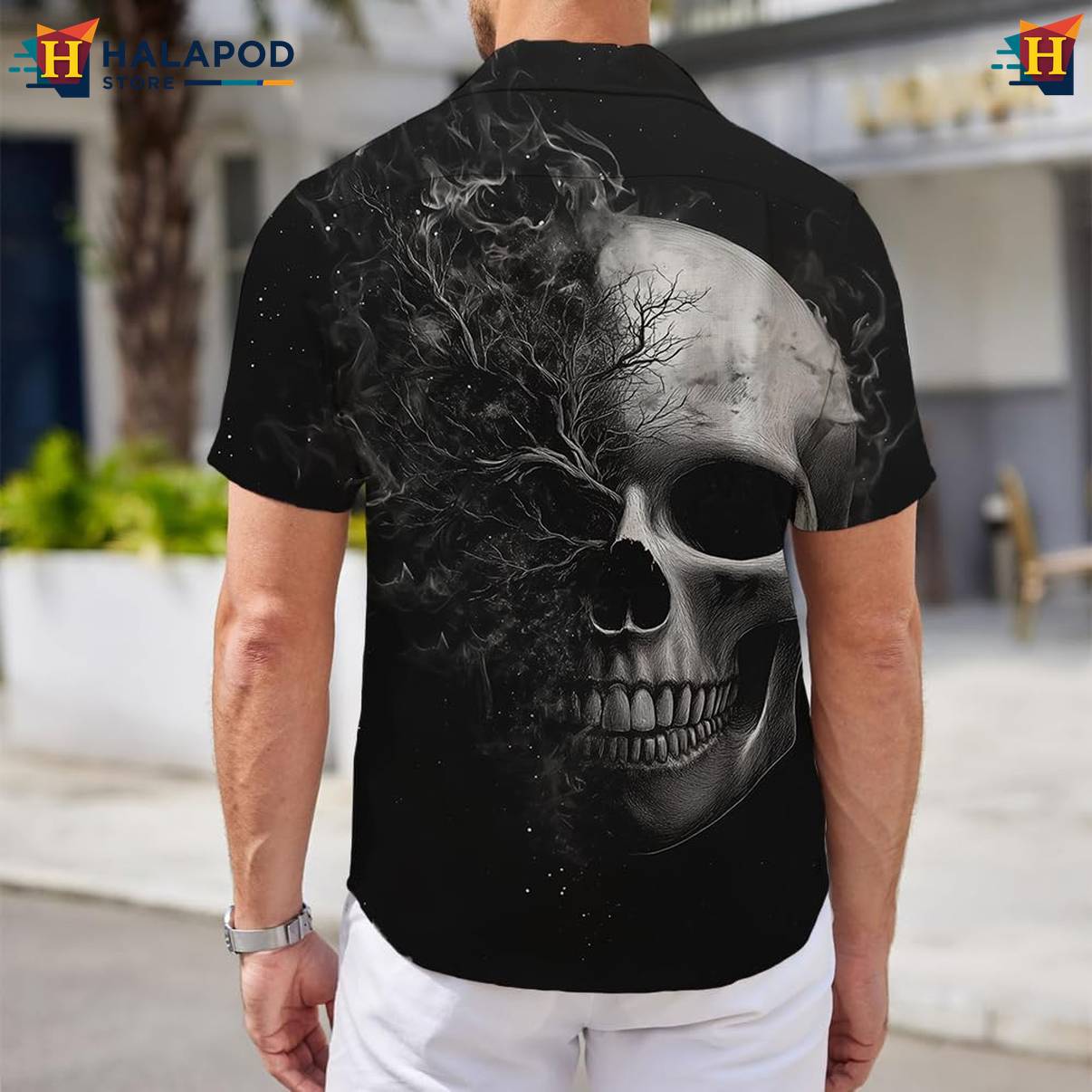 Black Skull Tropical Aloha Shirt Mens Short Sleeve Floral Button Down