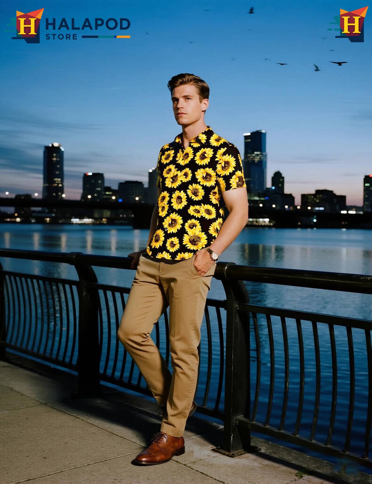Black Sunflower Short-sleeve button-up shirt Mens Tropical Beach Button Down Short Sleeve