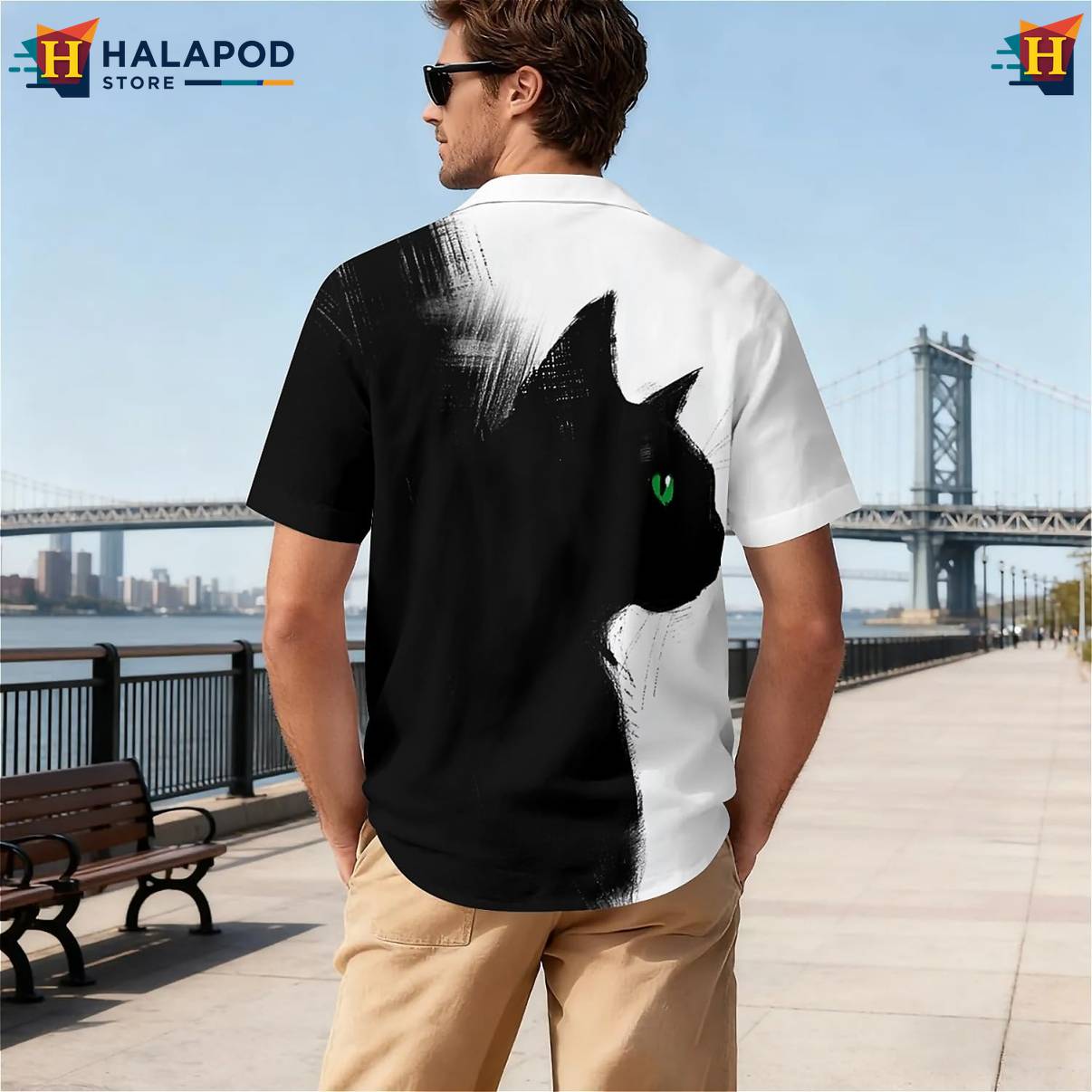 Black White Cat Aloha Shirt Mens Short Sleeve Floral Button Down Mens