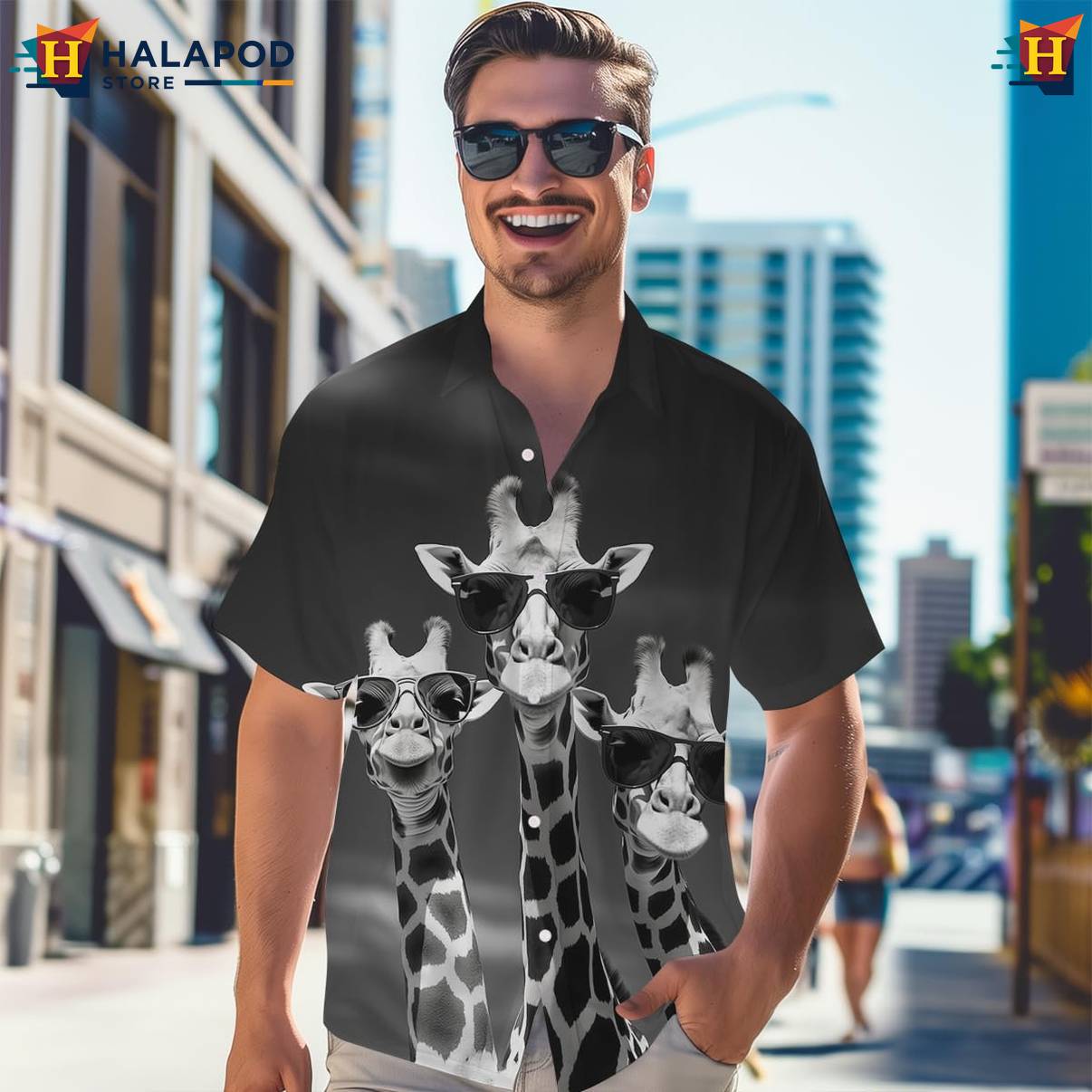 Black White Giraffe Tropical Shirt Mens Short Sleeve Floral Button Down