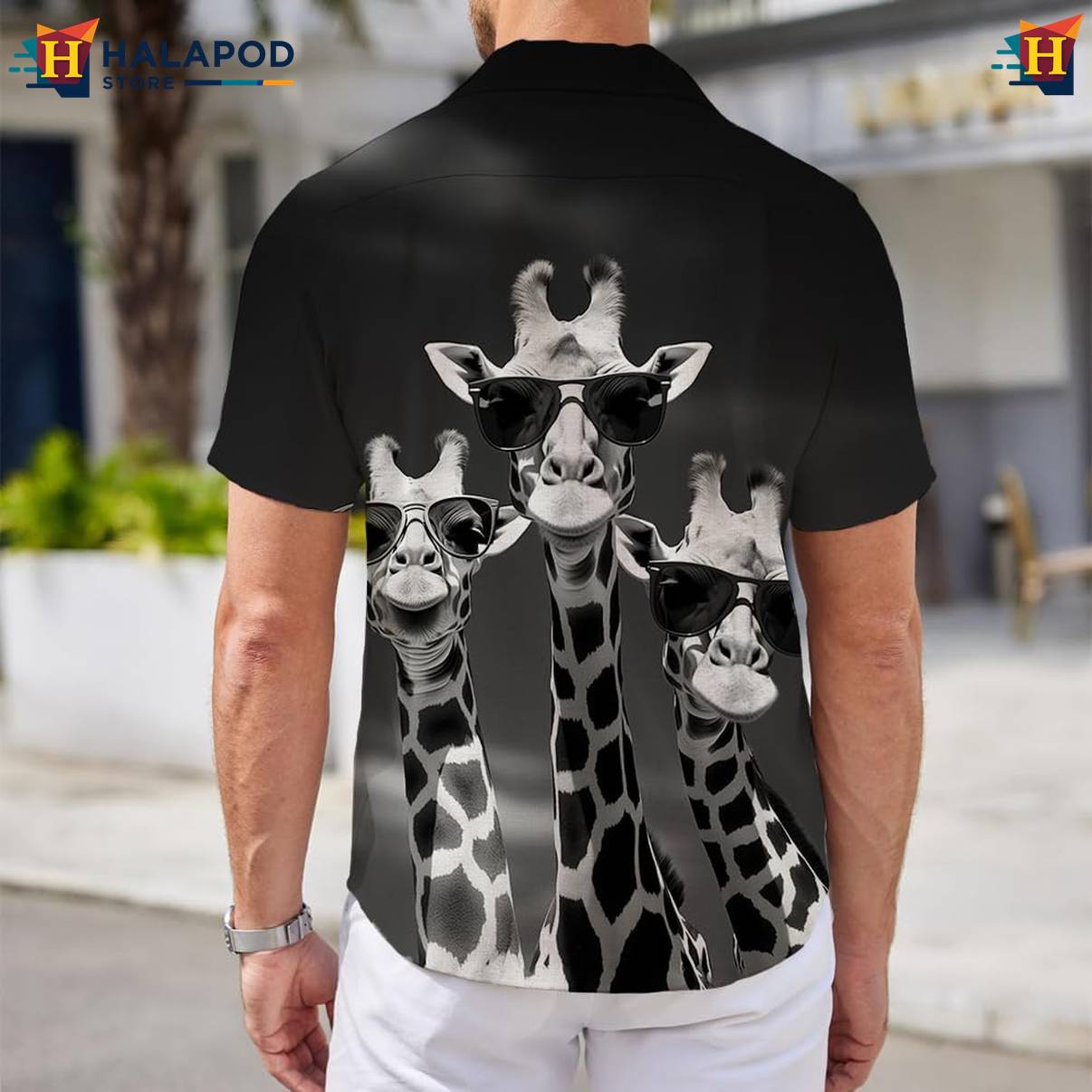 Black White Giraffe Aloha Shirt Mens Short Sleeve Floral Button Down
