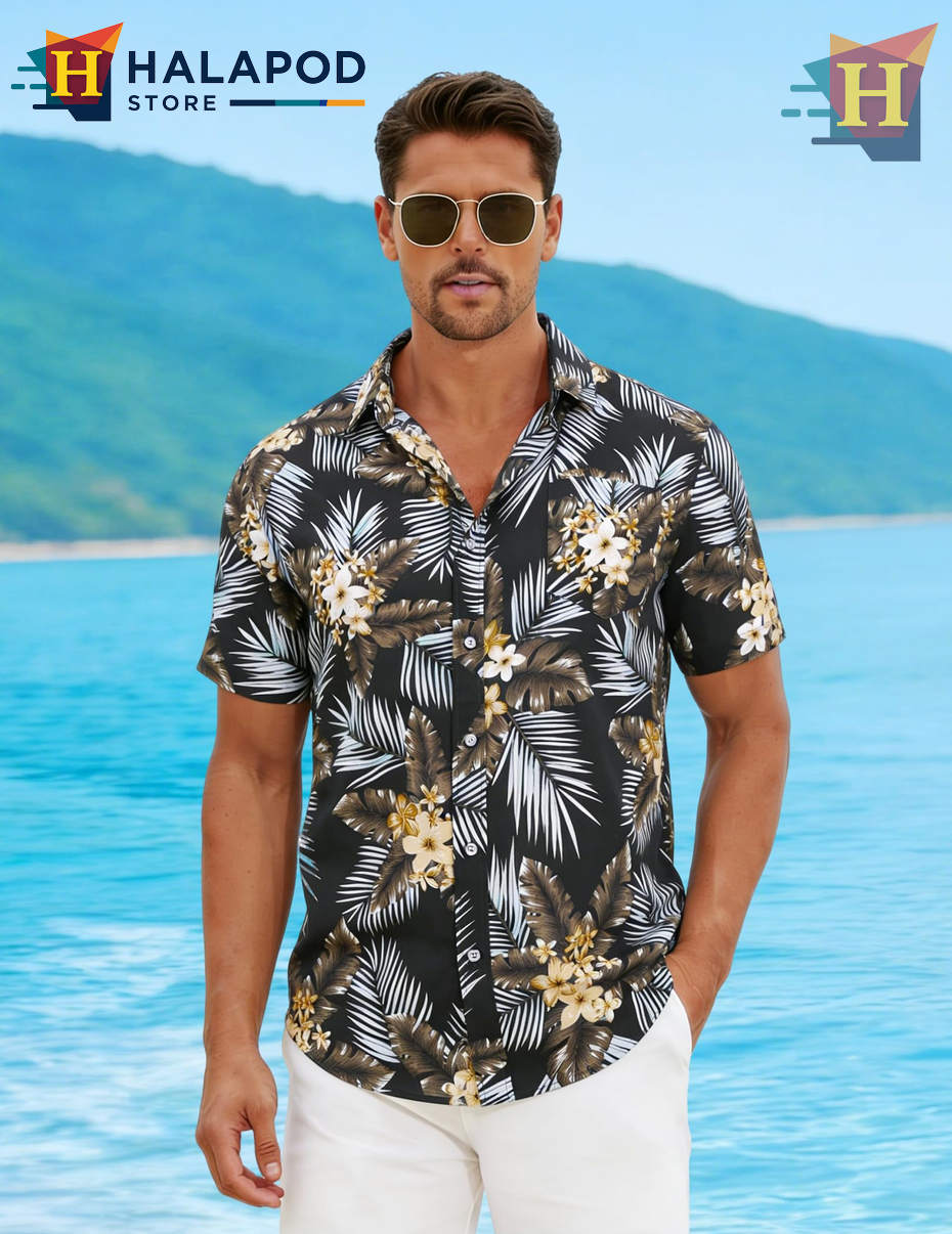 Black White Leaf Hawaiian Shirt Casual Summer Beach Tropical Outfits Mens  Apparel  HalaPODStore