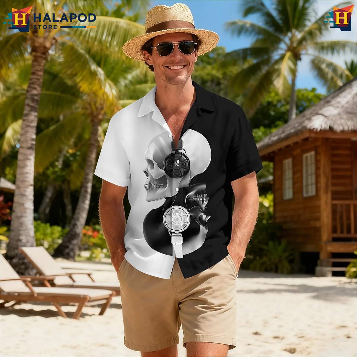 Black White Skull Tropical Short-sleeve button-up shirt Short Sleeve Floral Beach Tops