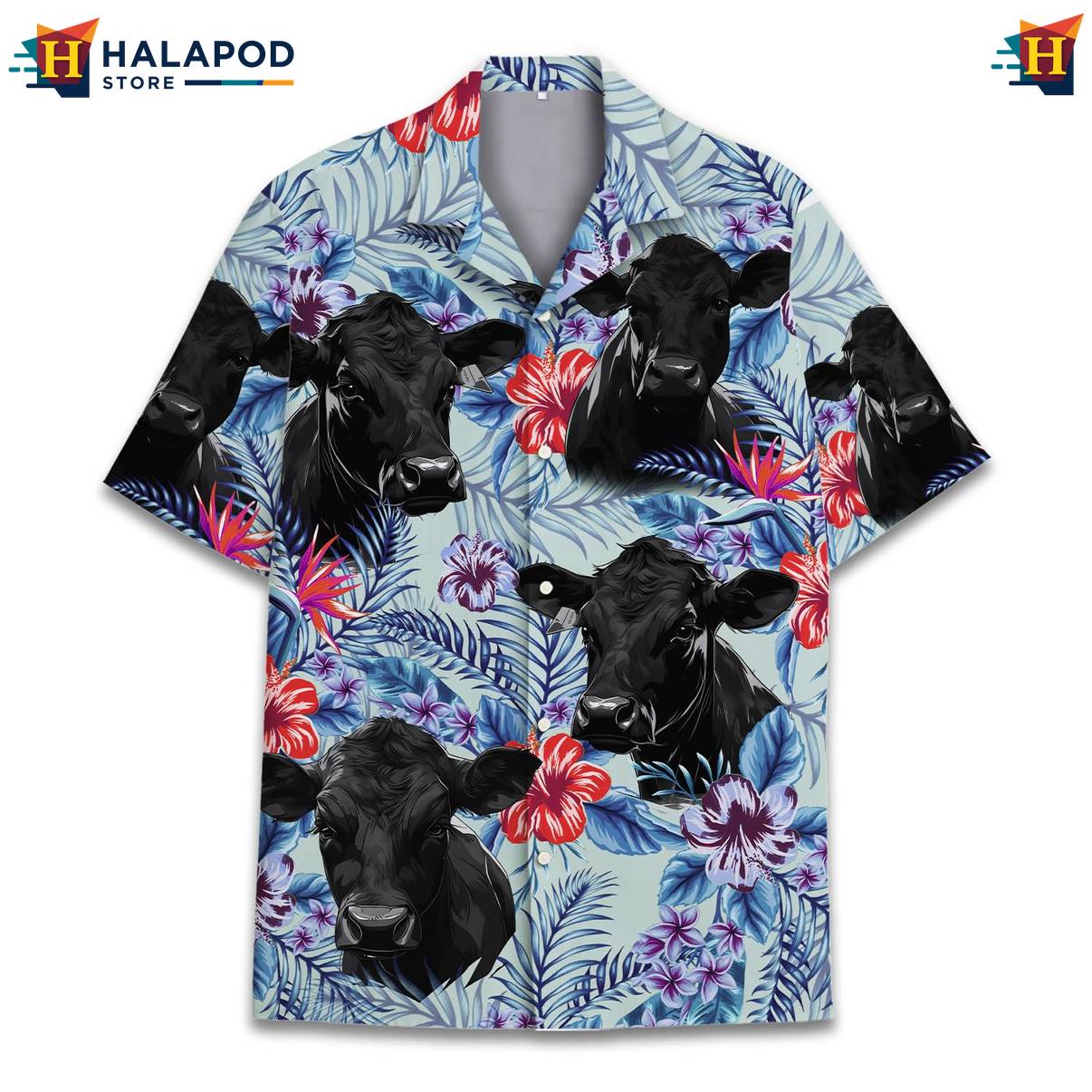 Blue Angus Cow Funny Hawaiian Shirt Alien UFO Short Sleeve Button Down Tops