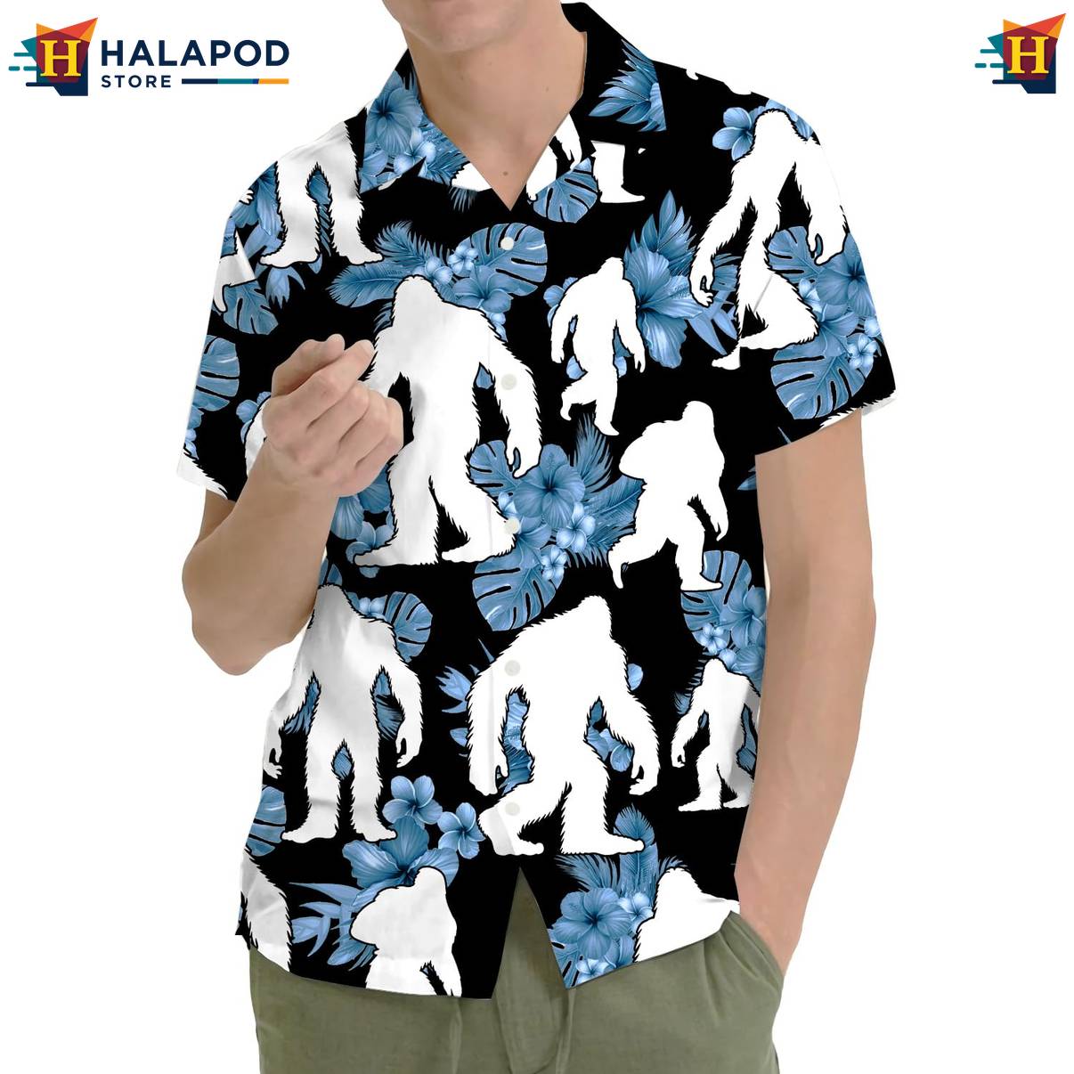 Blue Bigfoot Funny Short-sleeve button-up shirt Alien UFO Short Sleeve Button Down Tops