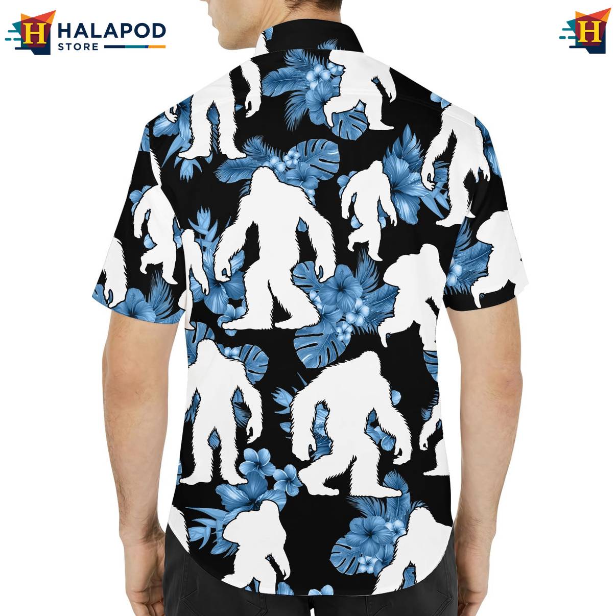 Blue Bigfoot Funny Short-sleeve button-up shirt Alien UFO Short Sleeve Button Down Tops
