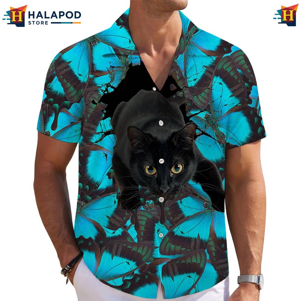 Blue Butterflies Cat Short-sleeve button-up shirt Mens Short Sleeve Floral Button Down