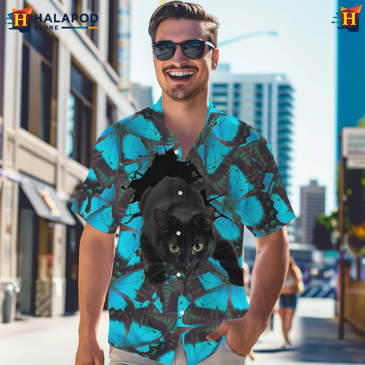 Blue Butterflies Cat Tropical Shirt Mens Short Sleeve Floral Button Down