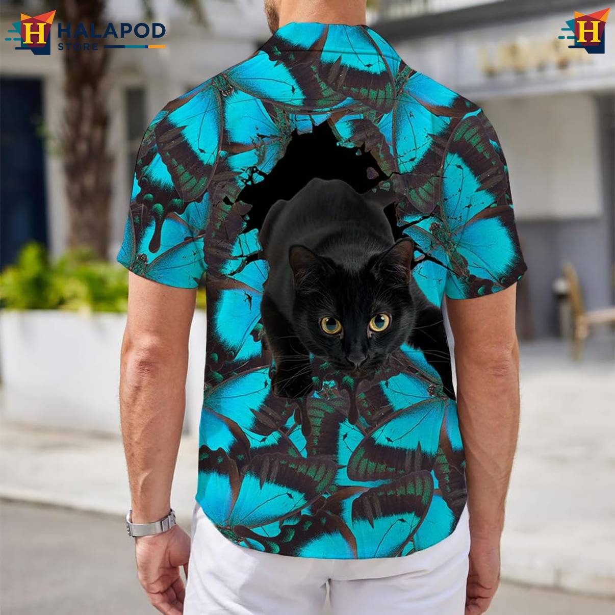 Blue Butterflies Cat Aloha Shirt Mens Short Sleeve Floral Button Down