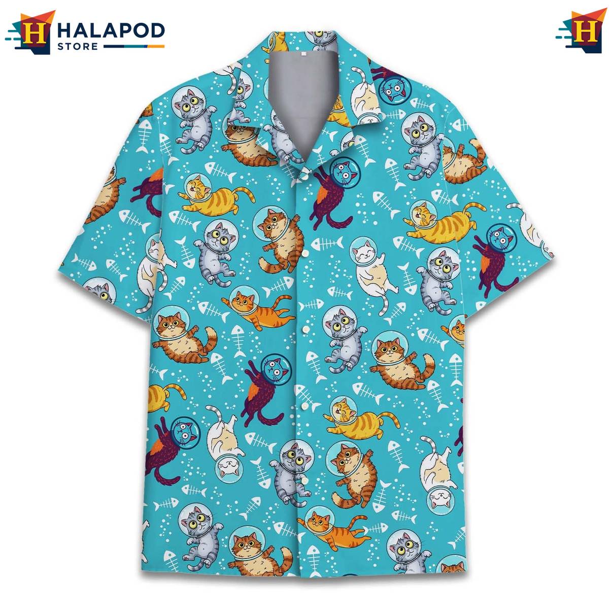 Blue Cat Funny Retro Hawaiian Shirt Alien UFO Short Sleeve Button Down Tops
