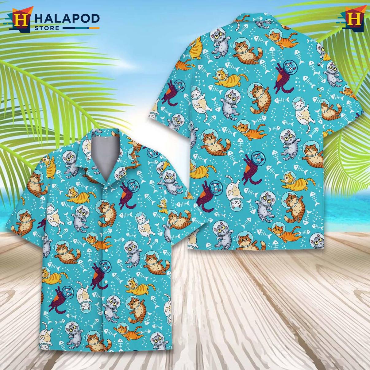 Blue Cat Funny Retro Tropical Shirt Alien UFO Short Sleeve Button Down Tops