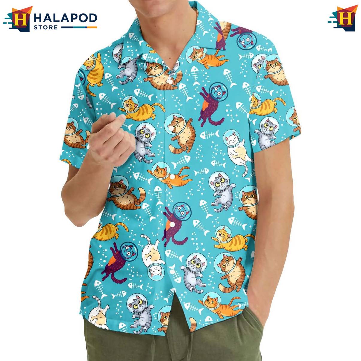 Blue Cat Funny Retro Aloha Shirt Alien UFO Short Sleeve Button Down Tops