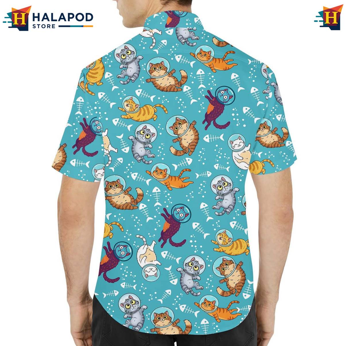 Blue Cat Funny Retro Short-sleeve button-up shirt Alien UFO Short Sleeve Button Down Tops