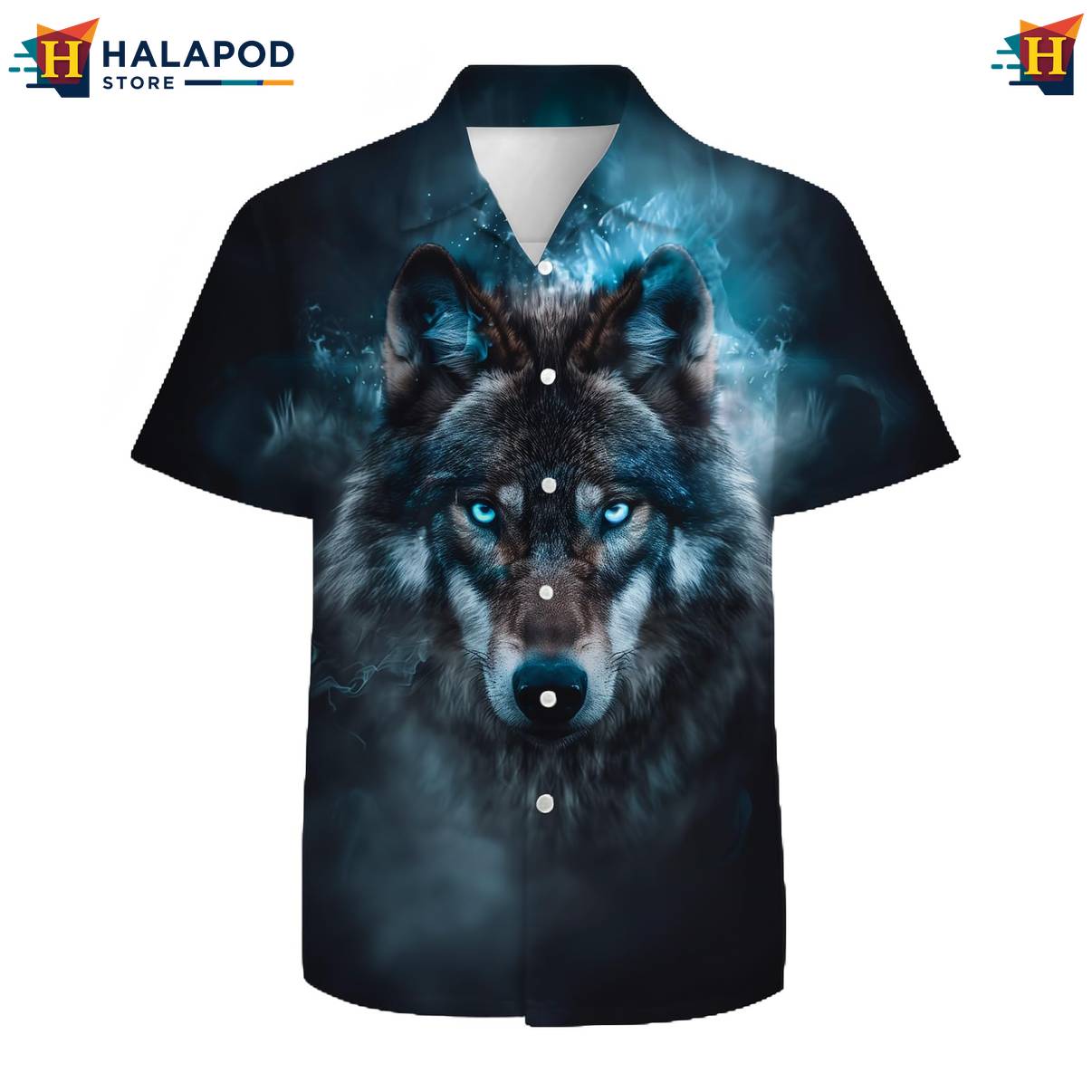 Blue Flame Wolf Hawaiian Shirt Mens Short Sleeve Floral Button Down Outfit