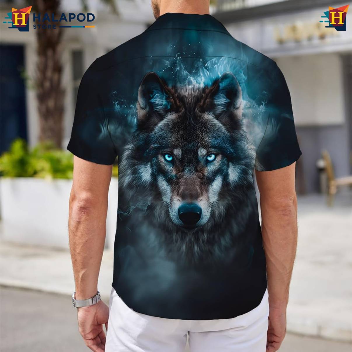 Blue Flame Wolf Aloha Shirt Mens Short Sleeve Floral Button Down Outfit