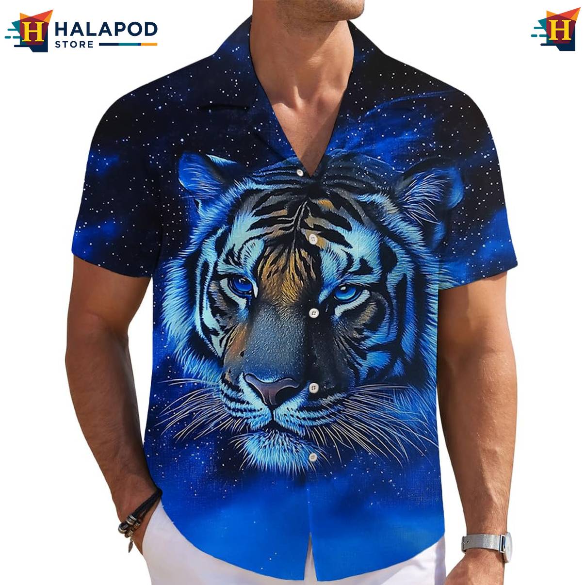 Blue Galaxy Tiger Short-sleeve button-up shirt Mens Short Sleeve Floral Button Down Mens