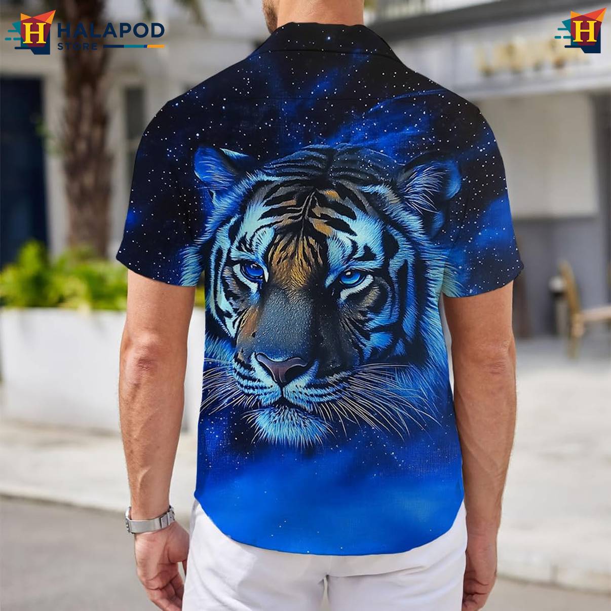 Blue Galaxy Tiger Aloha Shirt Mens Short Sleeve Floral Button Down Mens