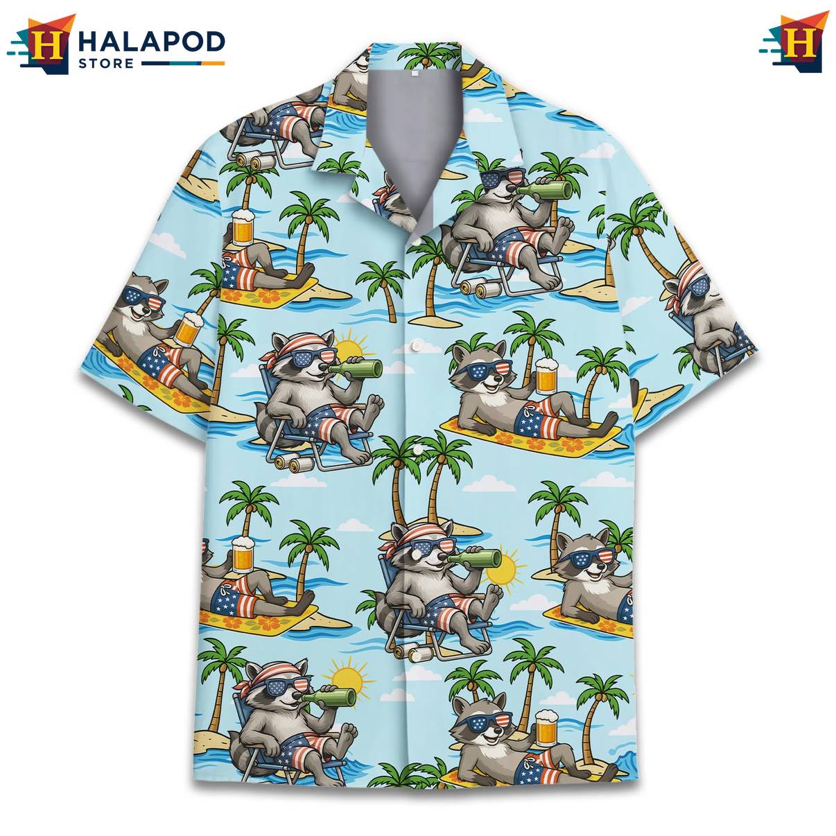 Blue Raccoon Funny Hawaiian Shirt Alien UFO Short Sleeve Button Down Tops