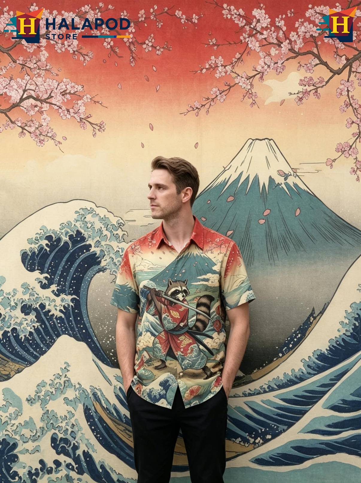 Blue Raccoon Japanese Hawaiian Shirt Tropical Beach Short Sleeve Casual Mens