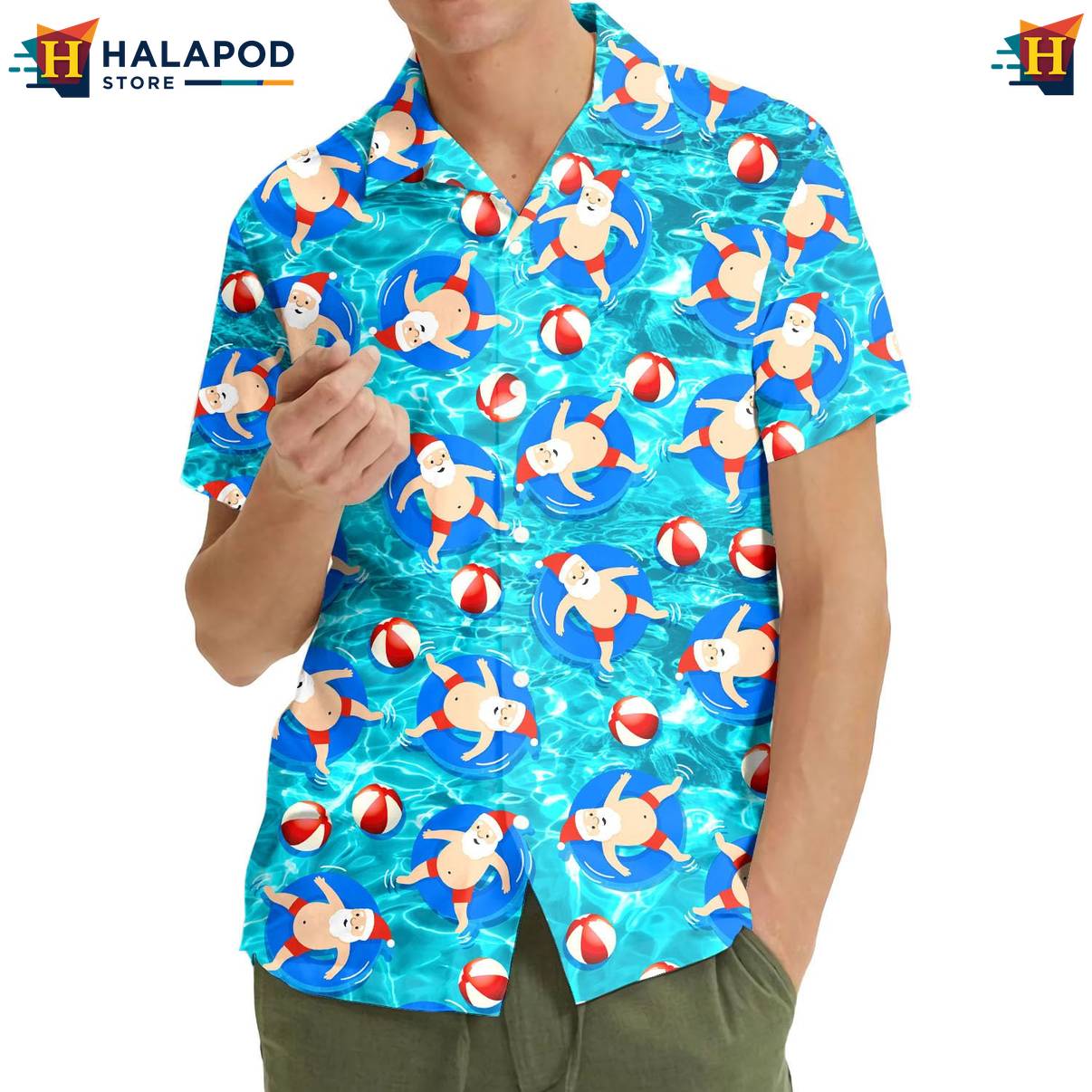 Blue Santa Pool Funny Aloha Shirt Alien UFO Short Sleeve Button Down Men