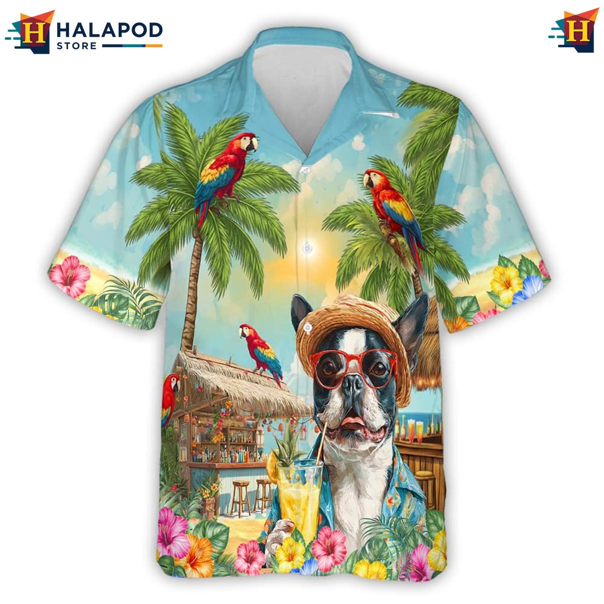 Boston Terrier Hawaiian Shirt Funny Dog Pattern Mens Summer Beach Casual Top
