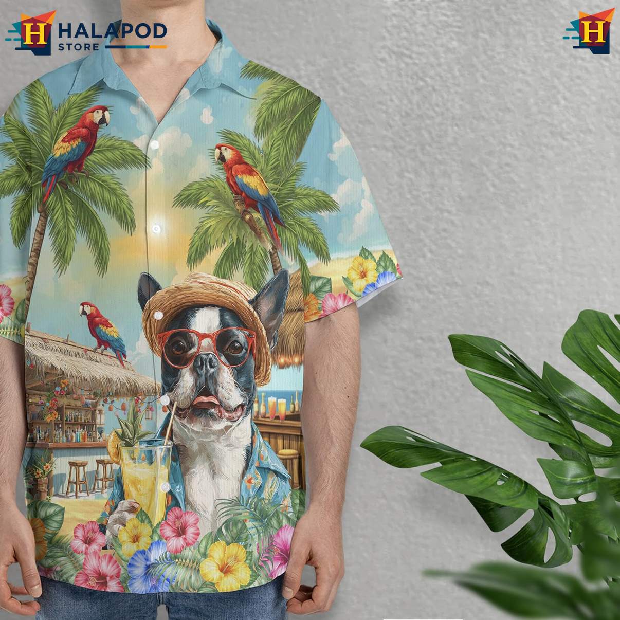 Boston Terrier Aloha Shirt Funny Dog Pattern Mens Summer Beach Casual Top
