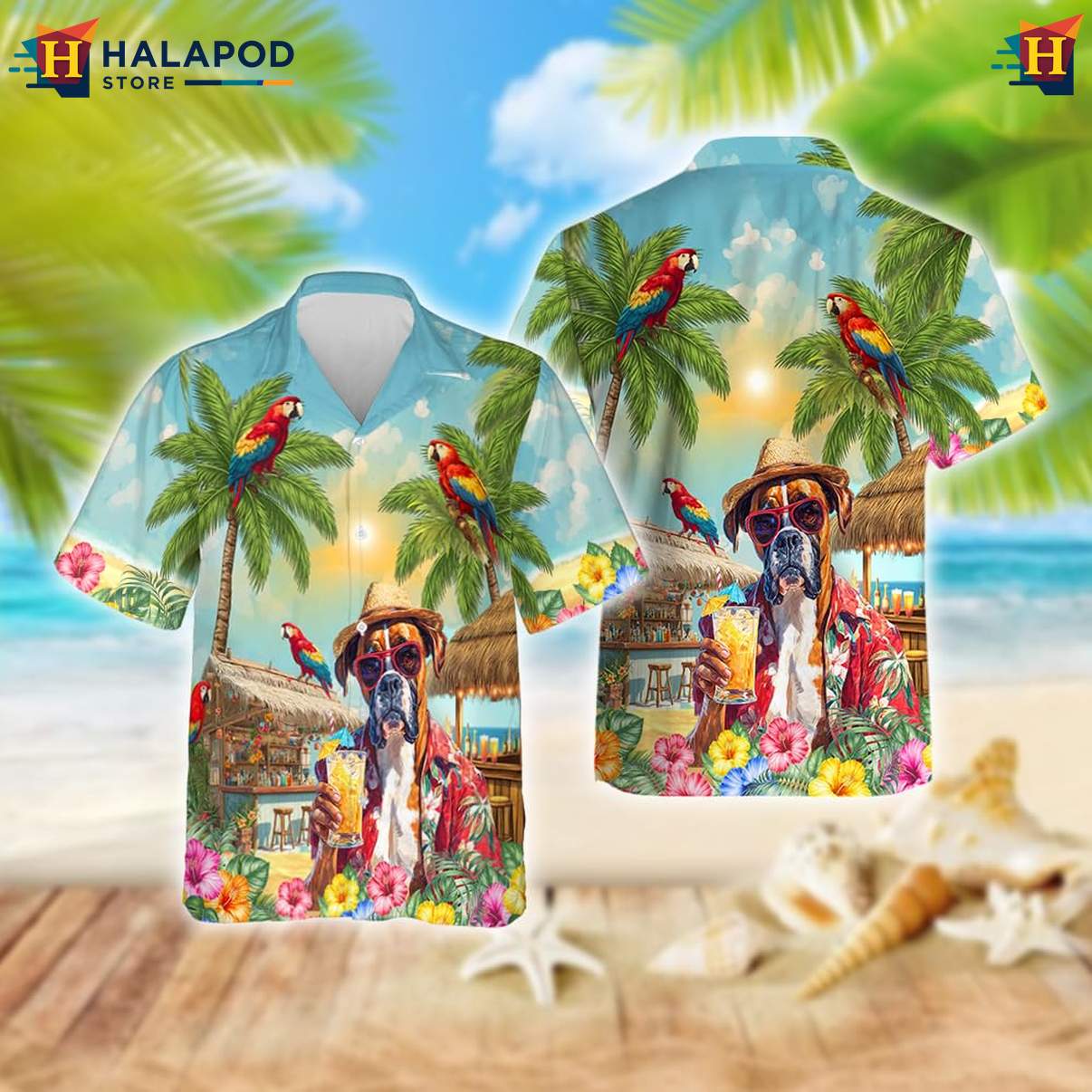 Boxer Dog Tropical Shirt Funny Pattern Mens Summer Casual Beach Button Tops