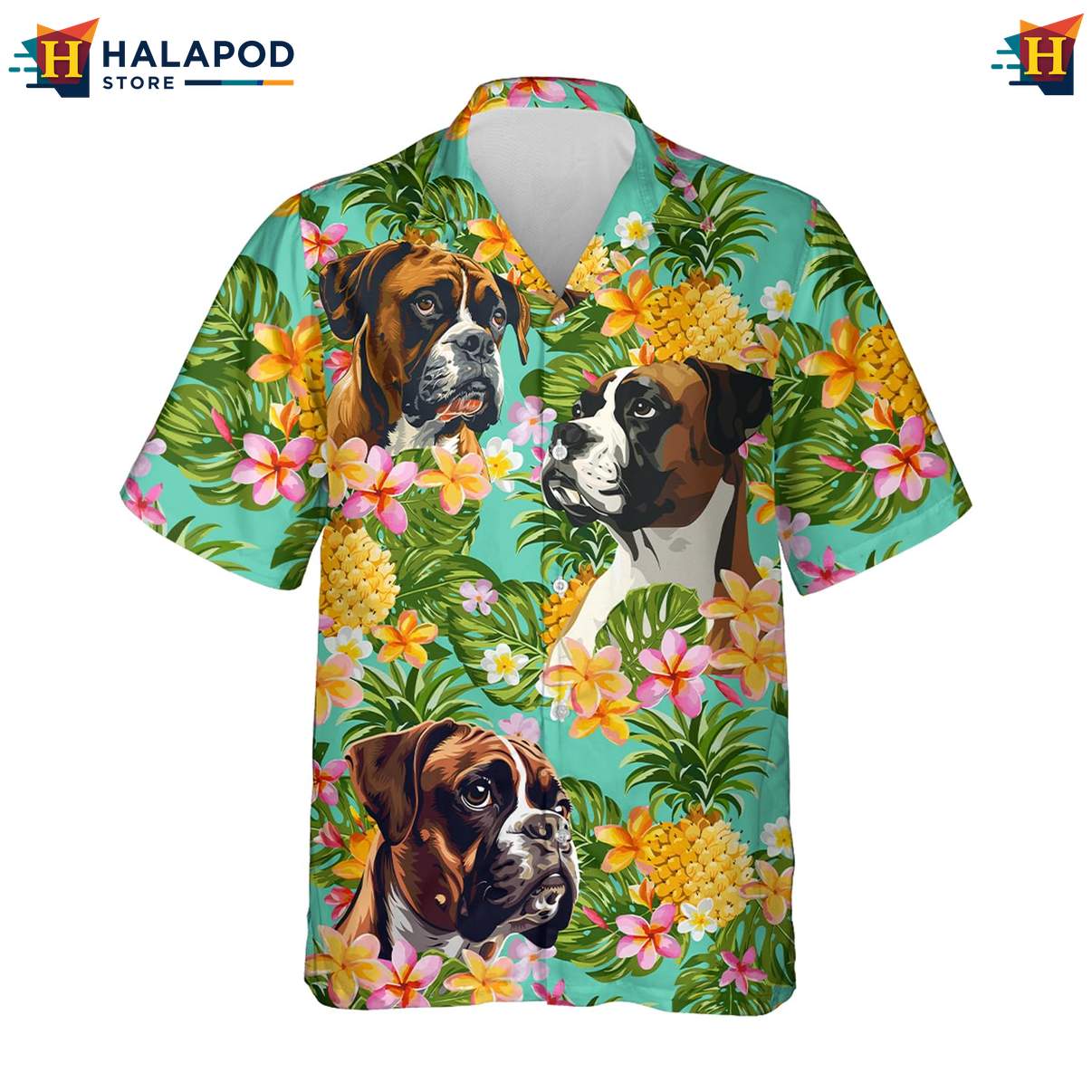 Boxer Dog Hawaiian Shirt Mens Tropical Summer Casual Beach Button Down Wear
