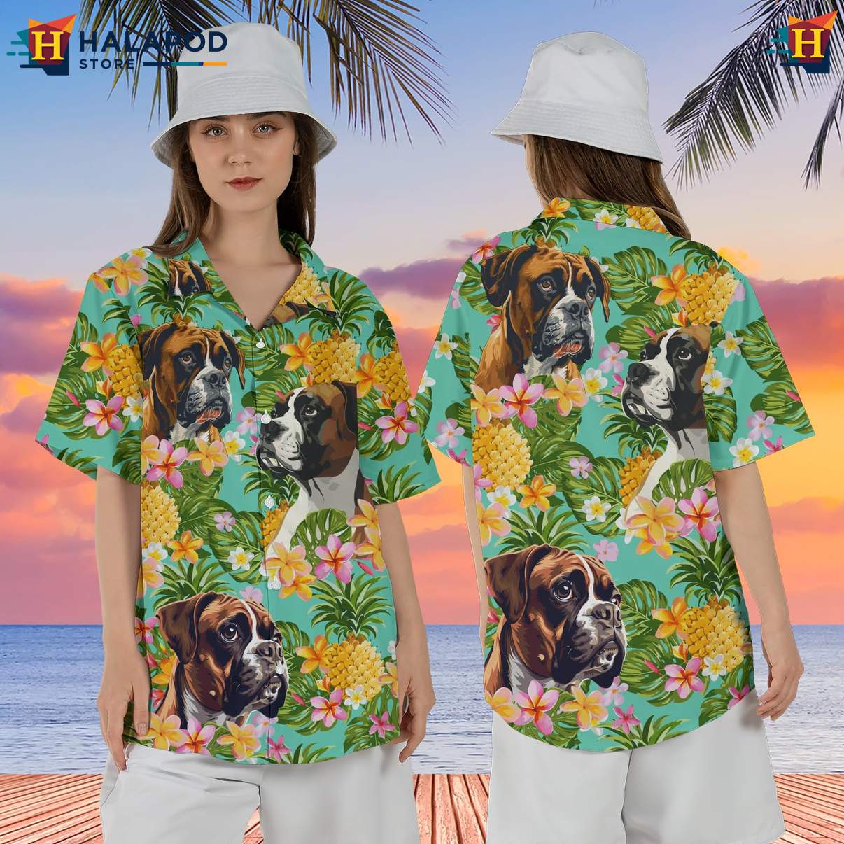Boxer Dog Aloha Shirt Mens Tropical Summer Casual Beach Button Down Wear